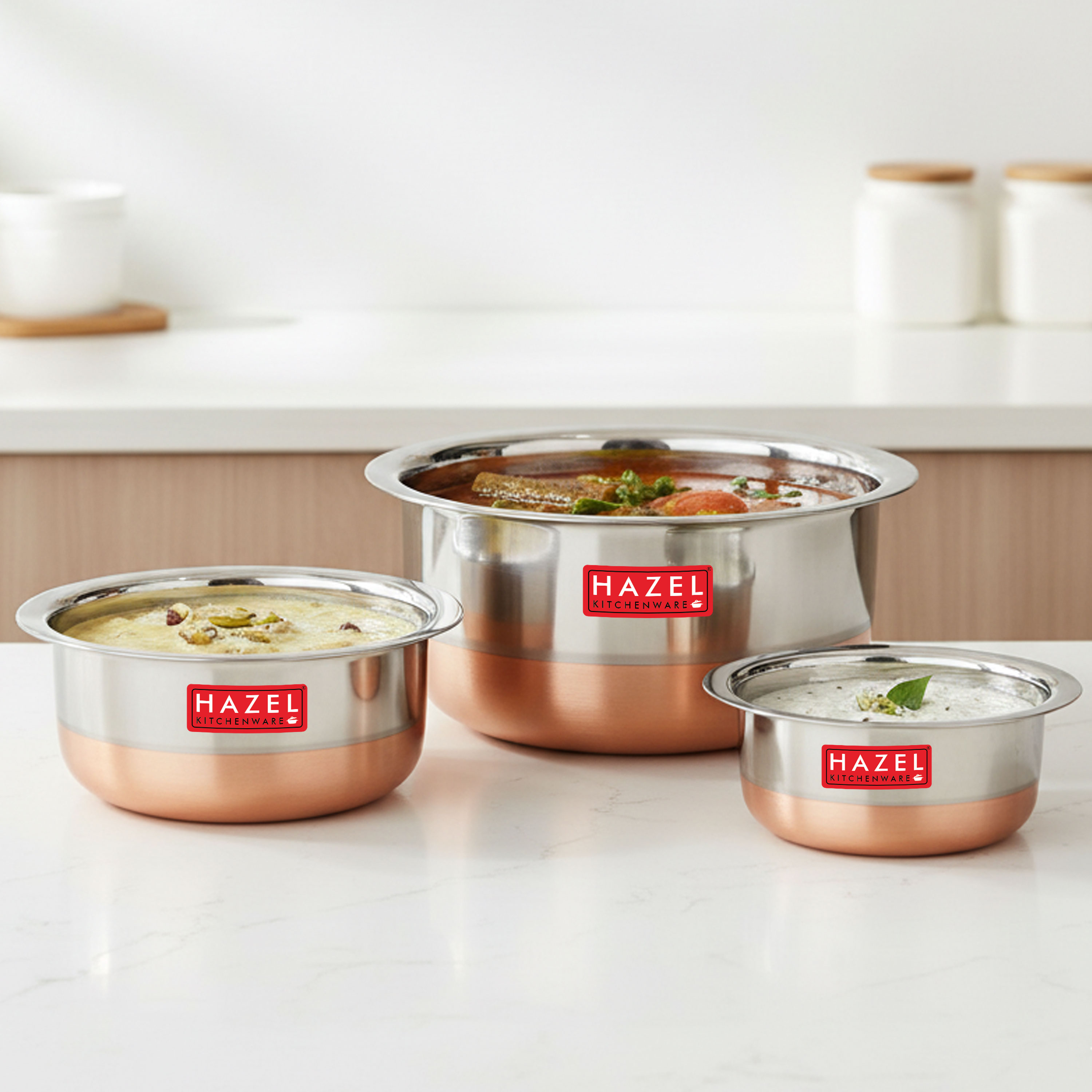 HAZEL Stainless Steel Tope with Copper Bottom | Small Bhagona Set of 3