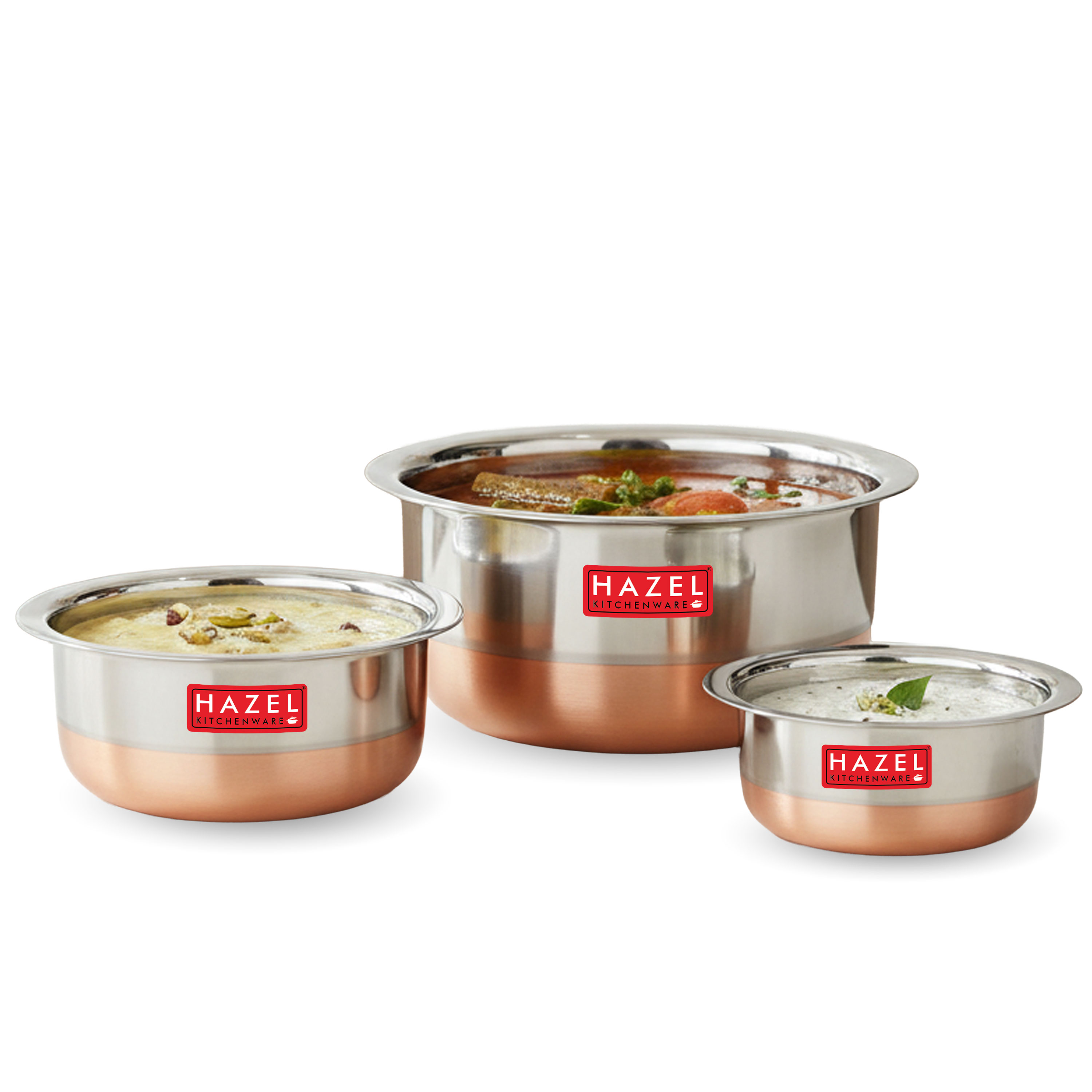 HAZEL Stainless Steel Tope with Copper Bottom | Small Bhagona Set of 3