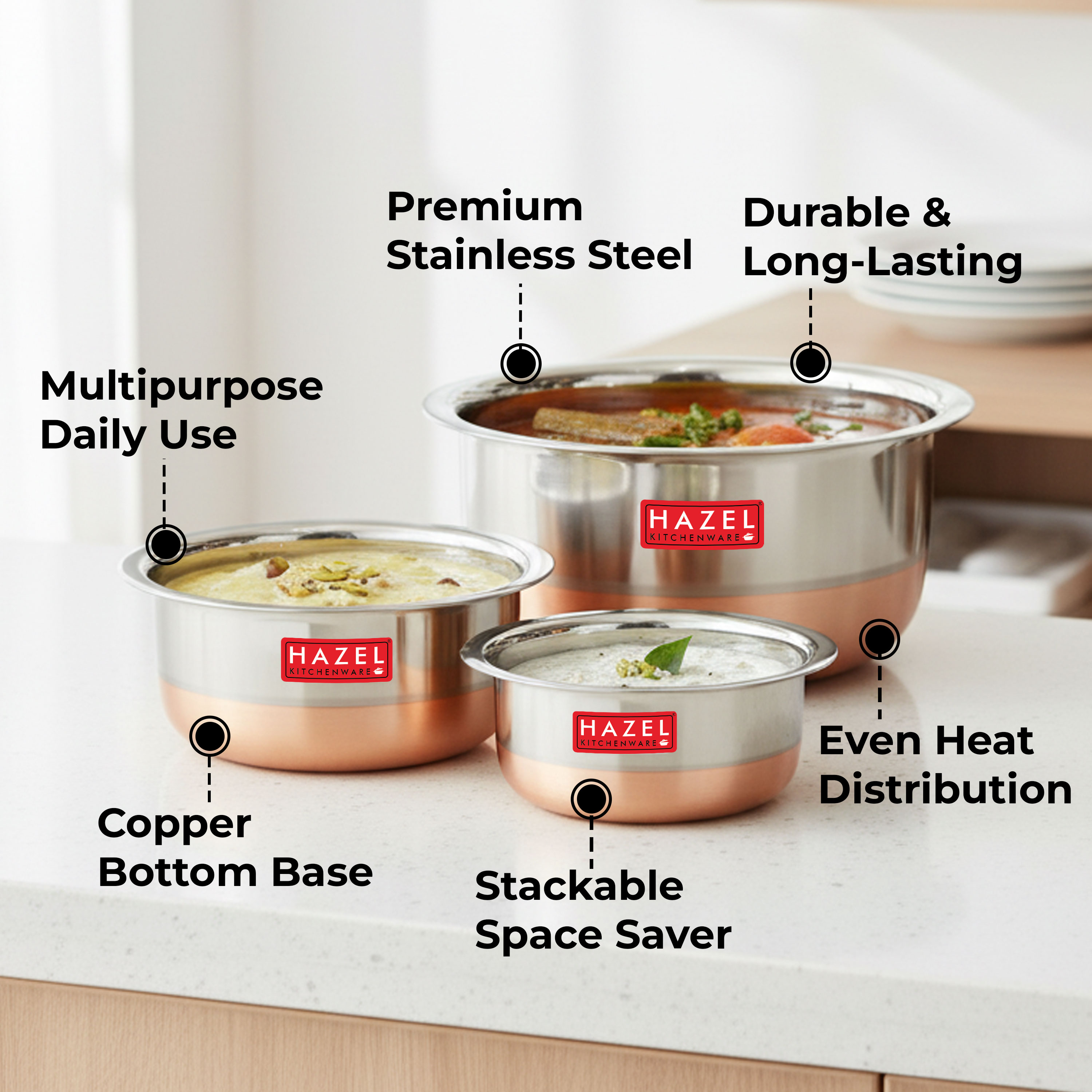 HAZEL Stainless Steel Tope with Copper Bottom | Small Bhagona Set of 3