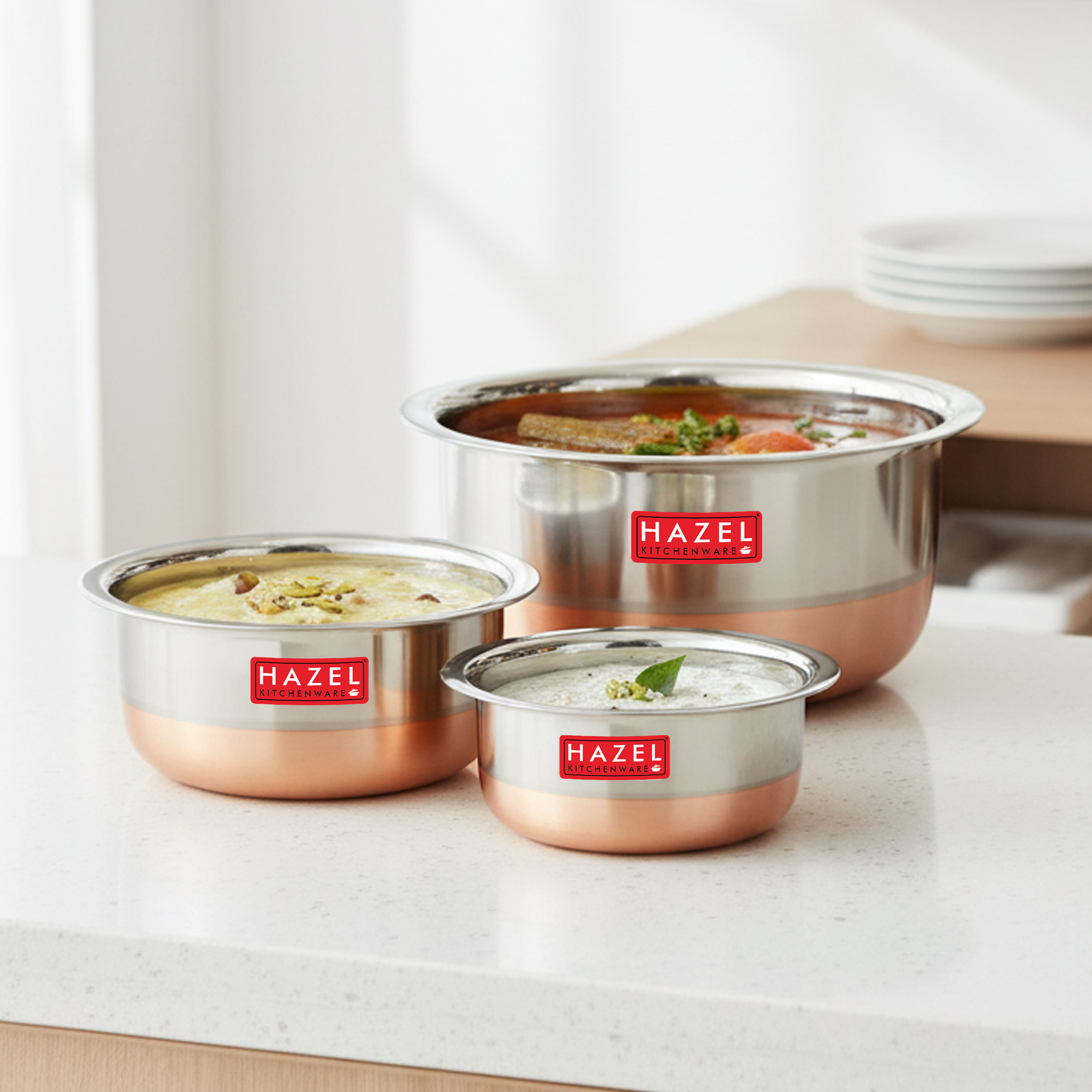HAZEL Stainless Steel Tope with Copper Bottom | Small Bhagona Set of 3