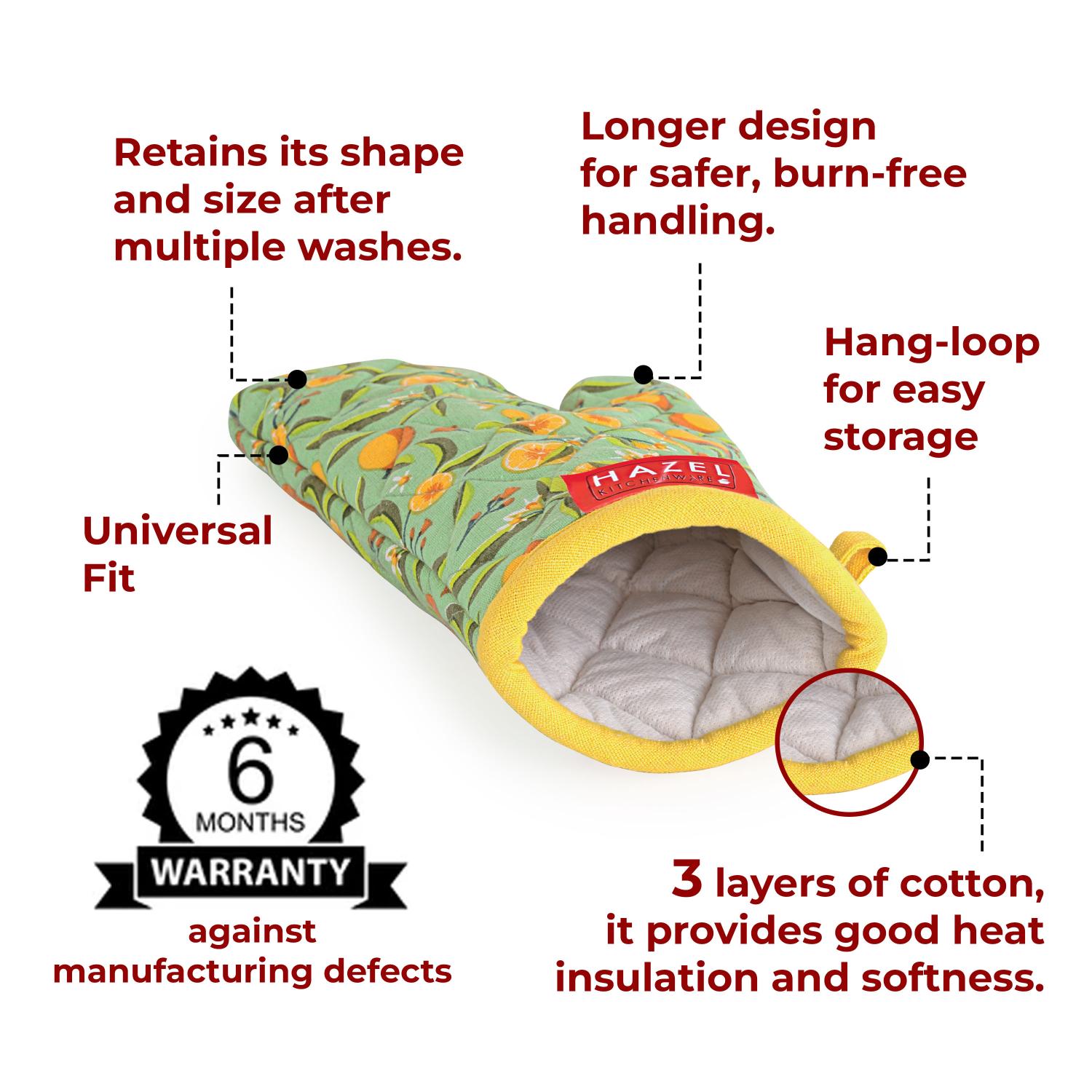 HAZEL Cotton Mitten Gloves for Kitchen | Heat Resistant Microwave & Oven Gloves | Baking, Cooking, Anti-Hot Protection - Set of 2