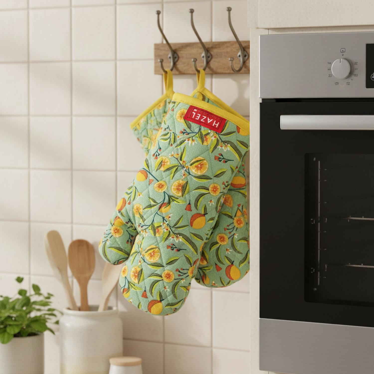 HAZEL Cotton Mitten Gloves for Kitchen | Heat Resistant Microwave & Oven Gloves | Baking, Cooking, Anti-Hot Protection - Set of 2
