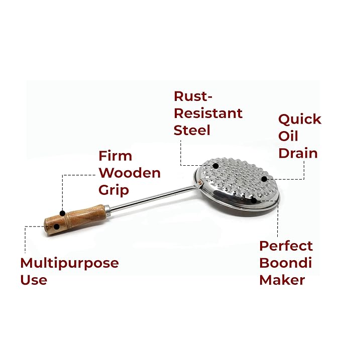 HAZEL Stainless Steel Medium Bundi Jhara with Wooden Handle for firm Grip