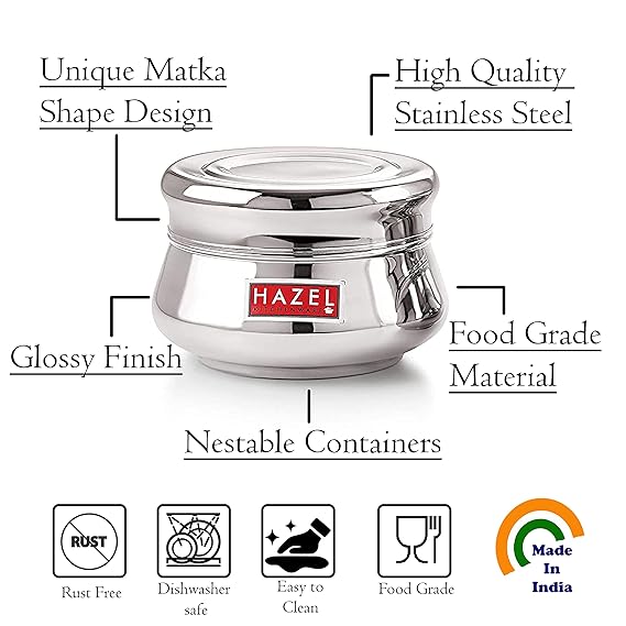 HAZEL Stainless Steel Unique Design Mataka Shape Container Set of 3 Pc, 950 to 2550 ml, Silver