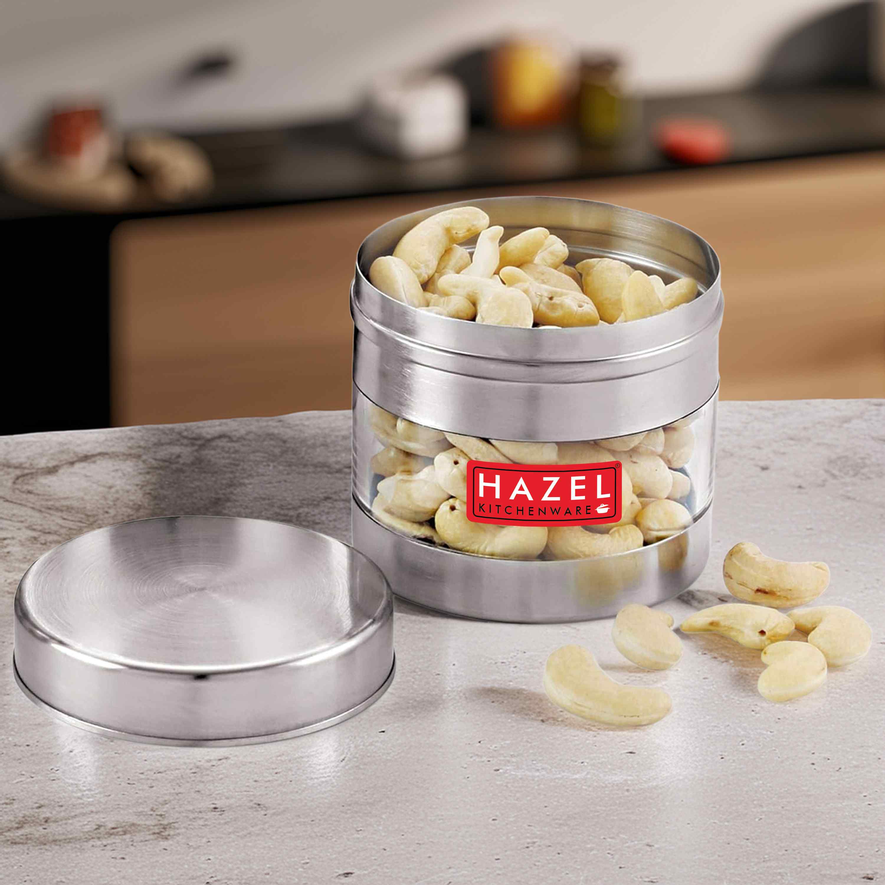 HAZEL Stainless Steel Transparent See Through Container, Silver, 1 PC, 350 Ml