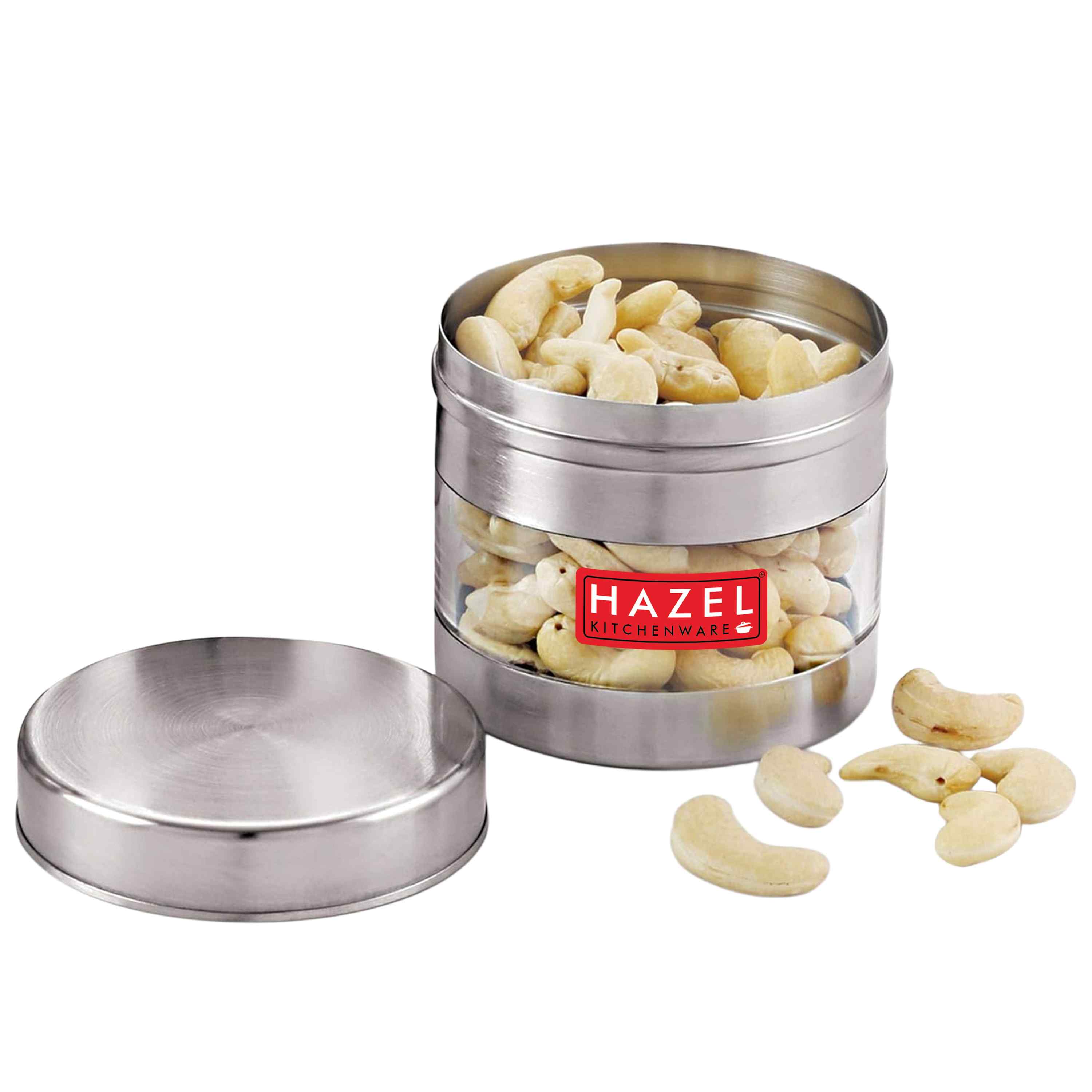HAZEL Stainless Steel Transparent See Through Container, Silver, 1 PC, 350 Ml