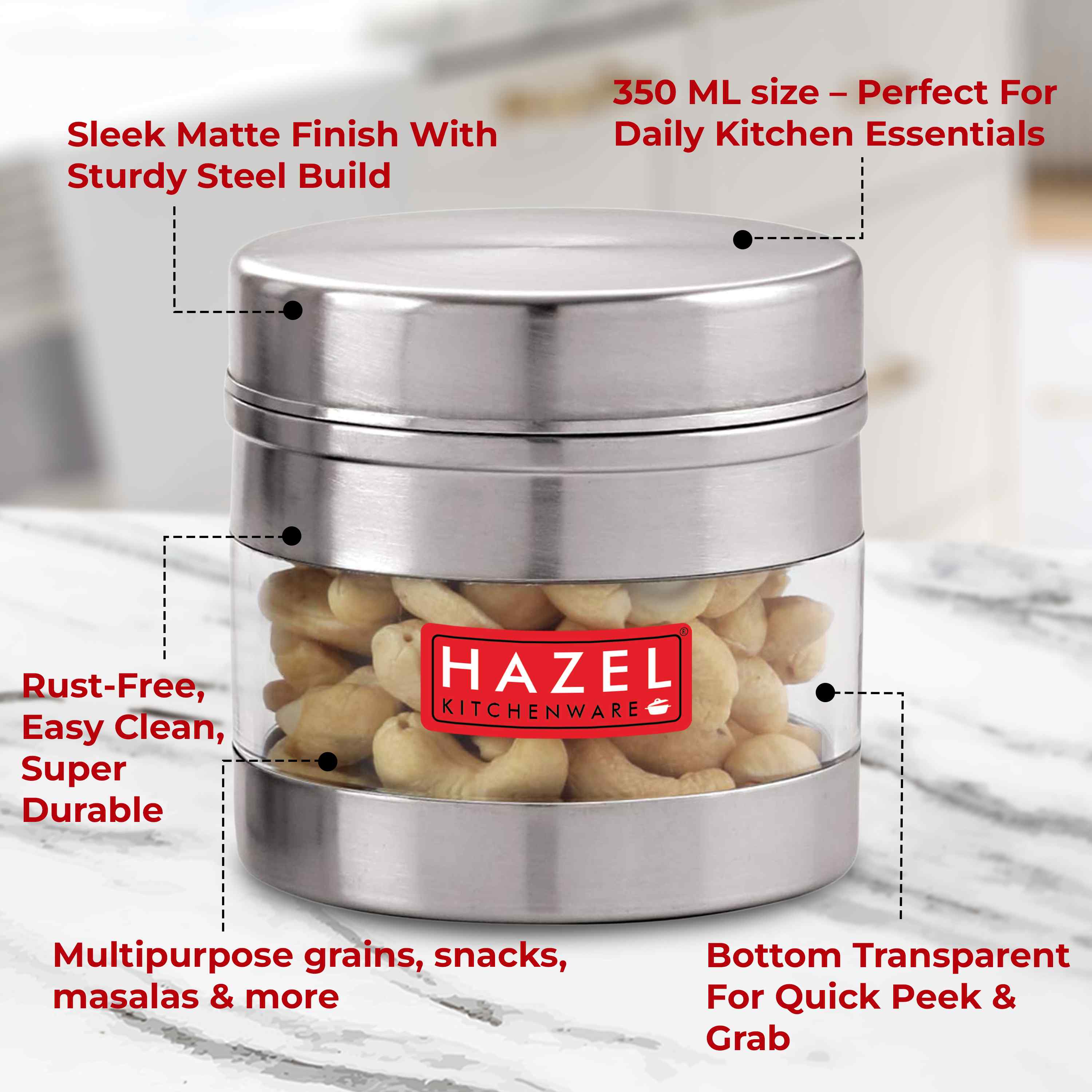 HAZEL Stainless Steel Transparent See Through Container, Silver, 1 PC, 350 Ml