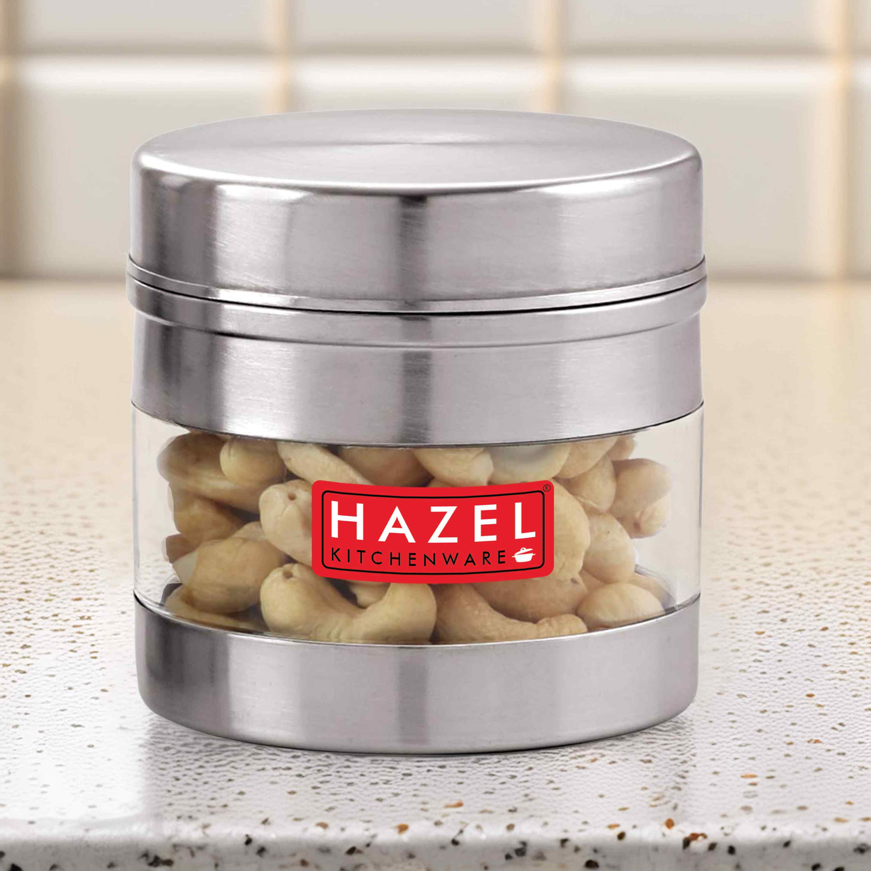 HAZEL Stainless Steel Transparent See Through Container, Silver, 1 PC, 350 Ml