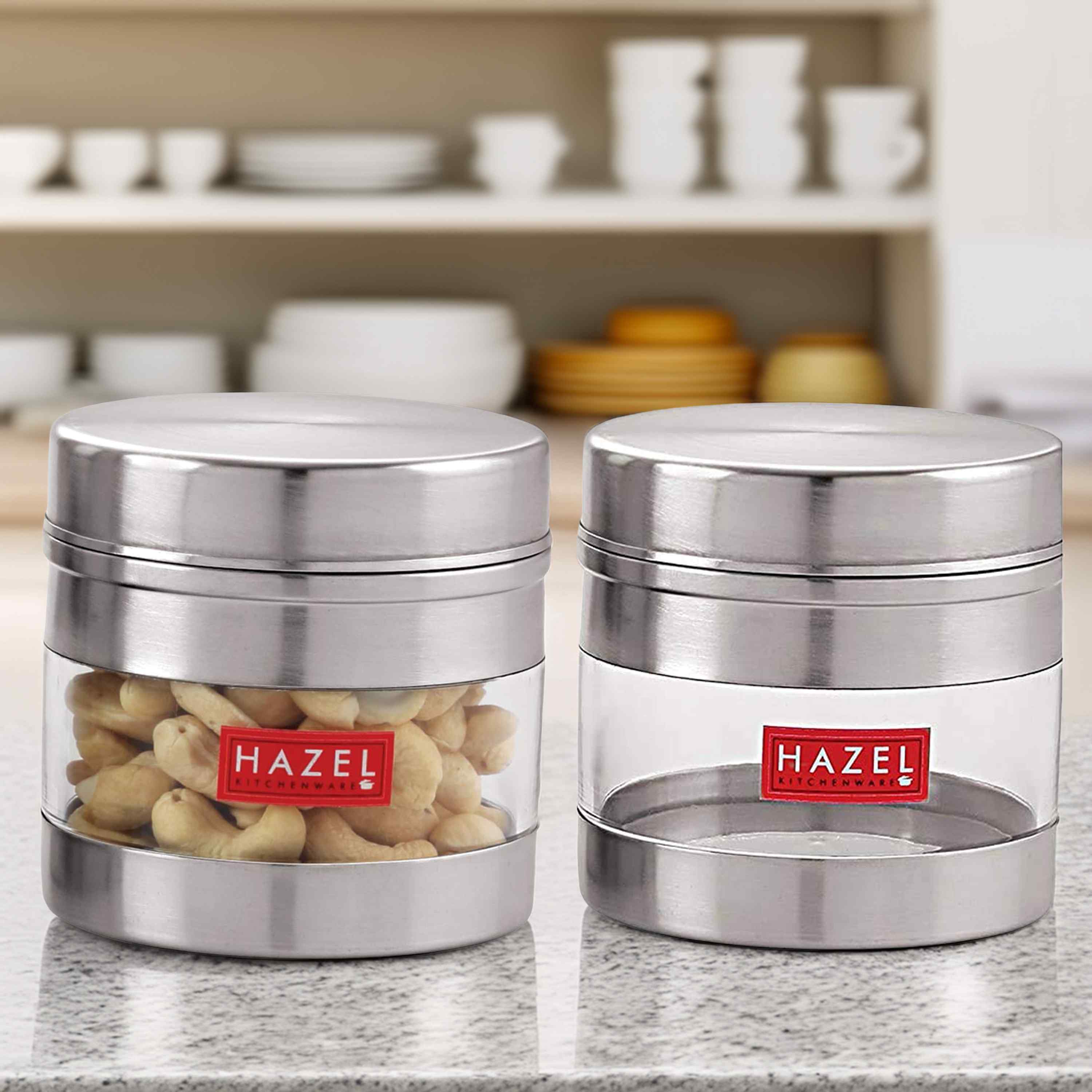 HAZEL Stainless Steel Transparent See Through Container Set of 2, Silver, 350 ML Each