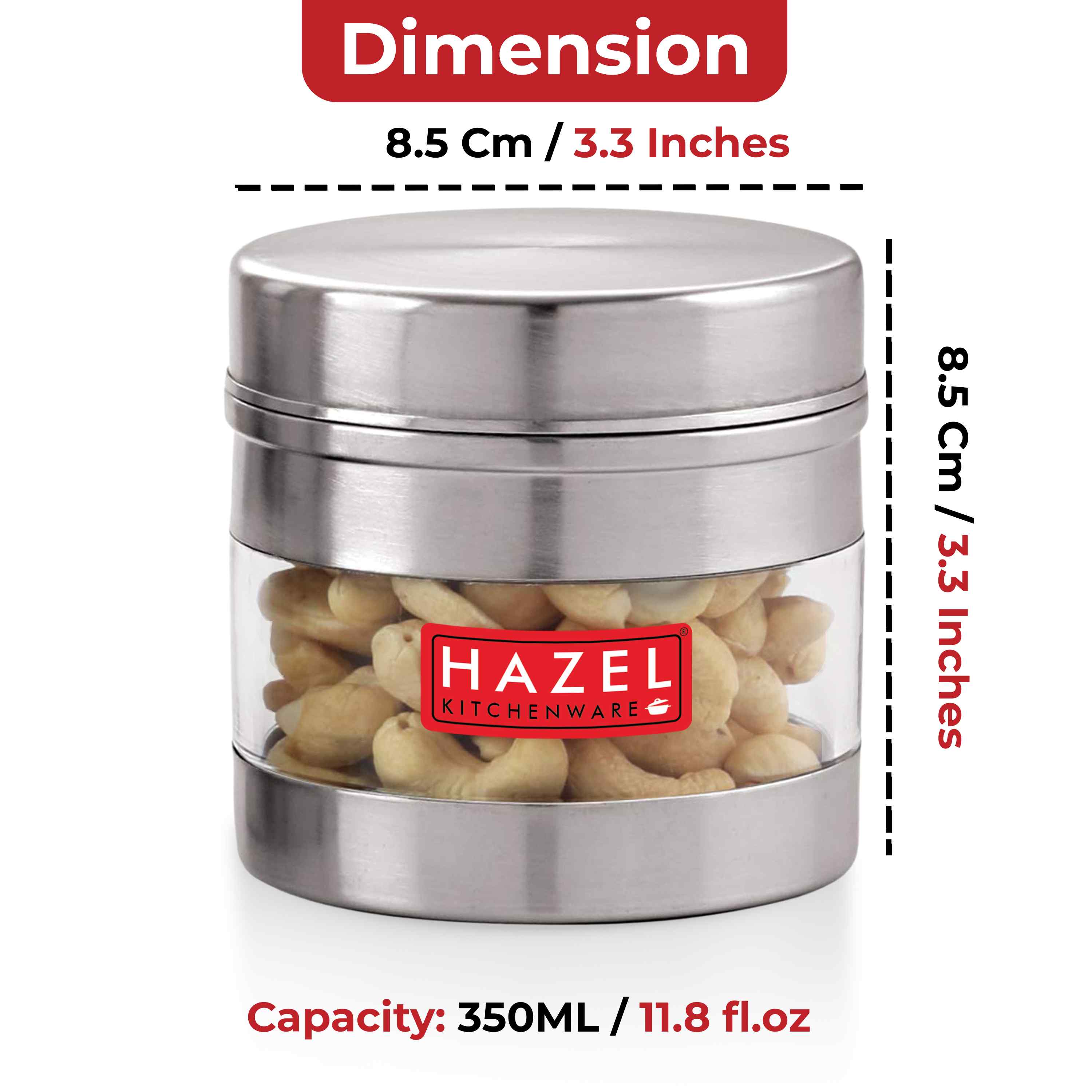 HAZEL Stainless Steel Transparent See Through Container Set of 2, Silver, 350 ML Each