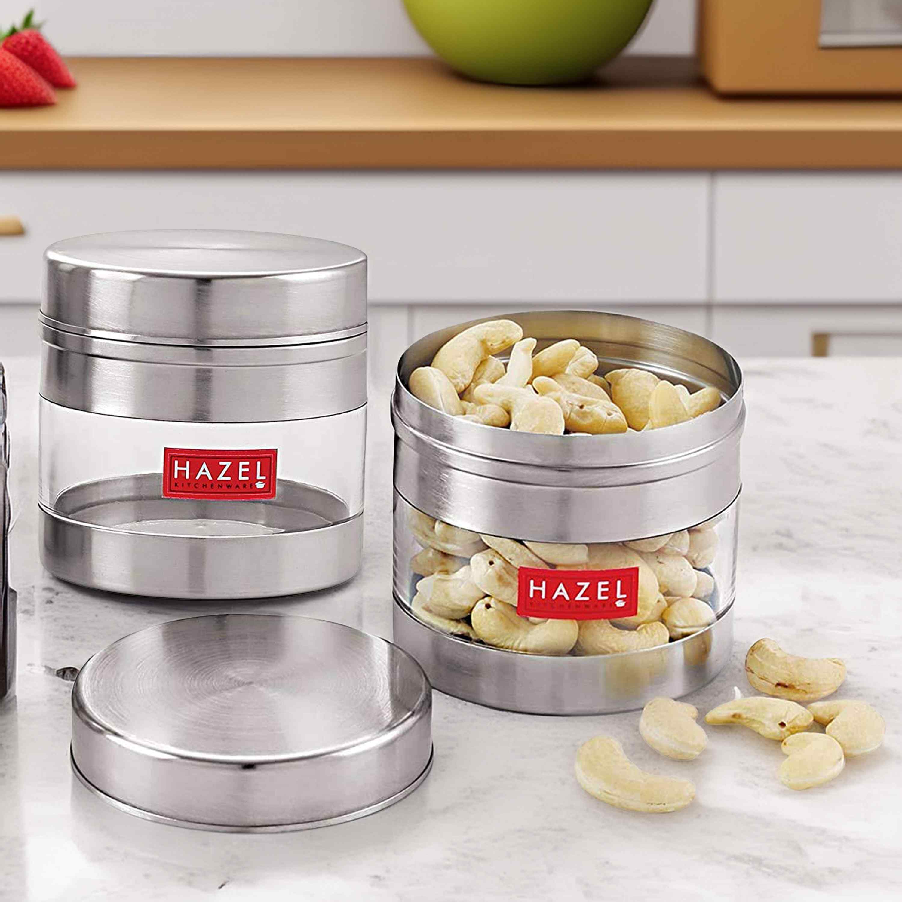 HAZEL Stainless Steel Transparent See Through Container Set of 2, Silver, 350 ML Each