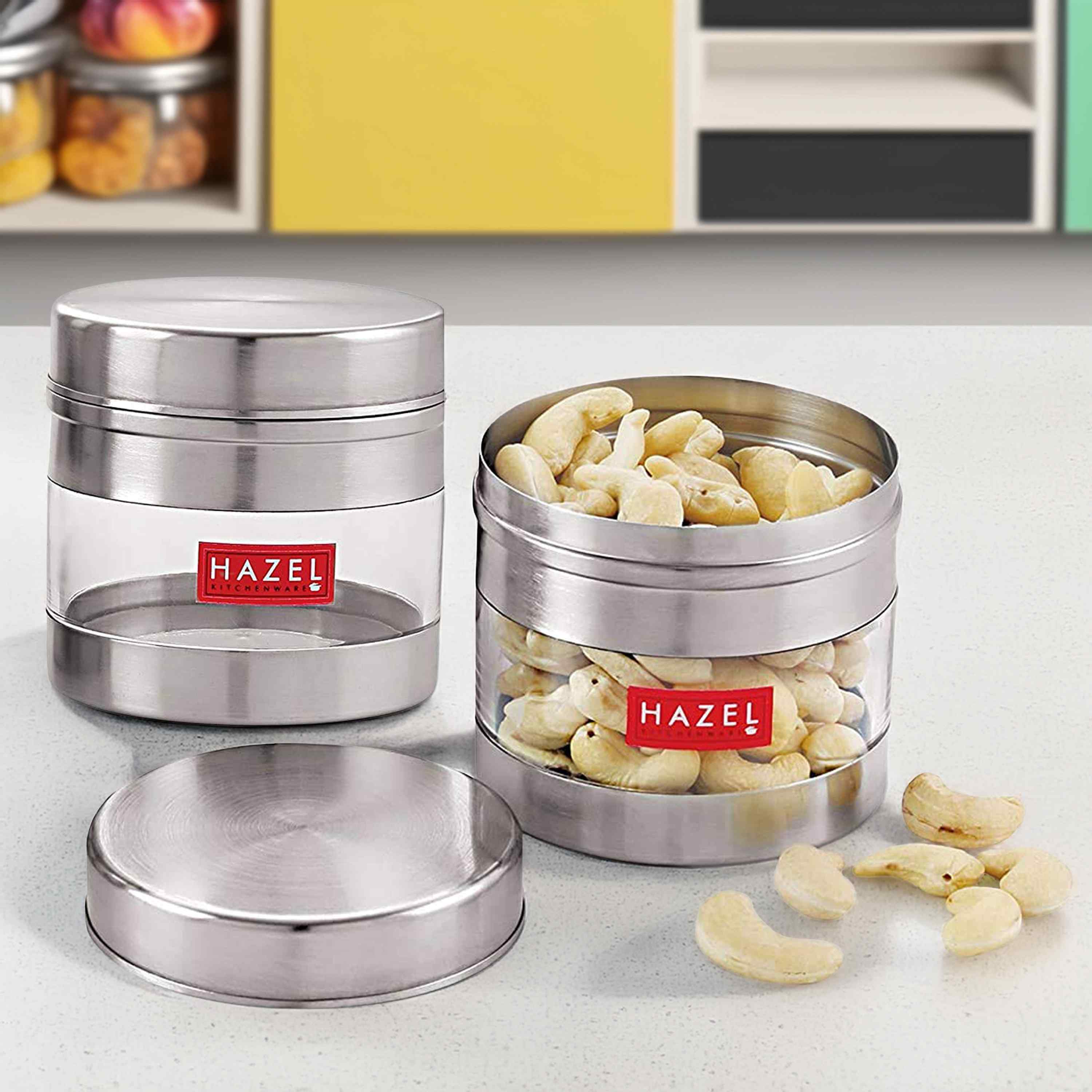 HAZEL Stainless Steel Transparent See Through Container Set of 2, Silver, 350 ML Each