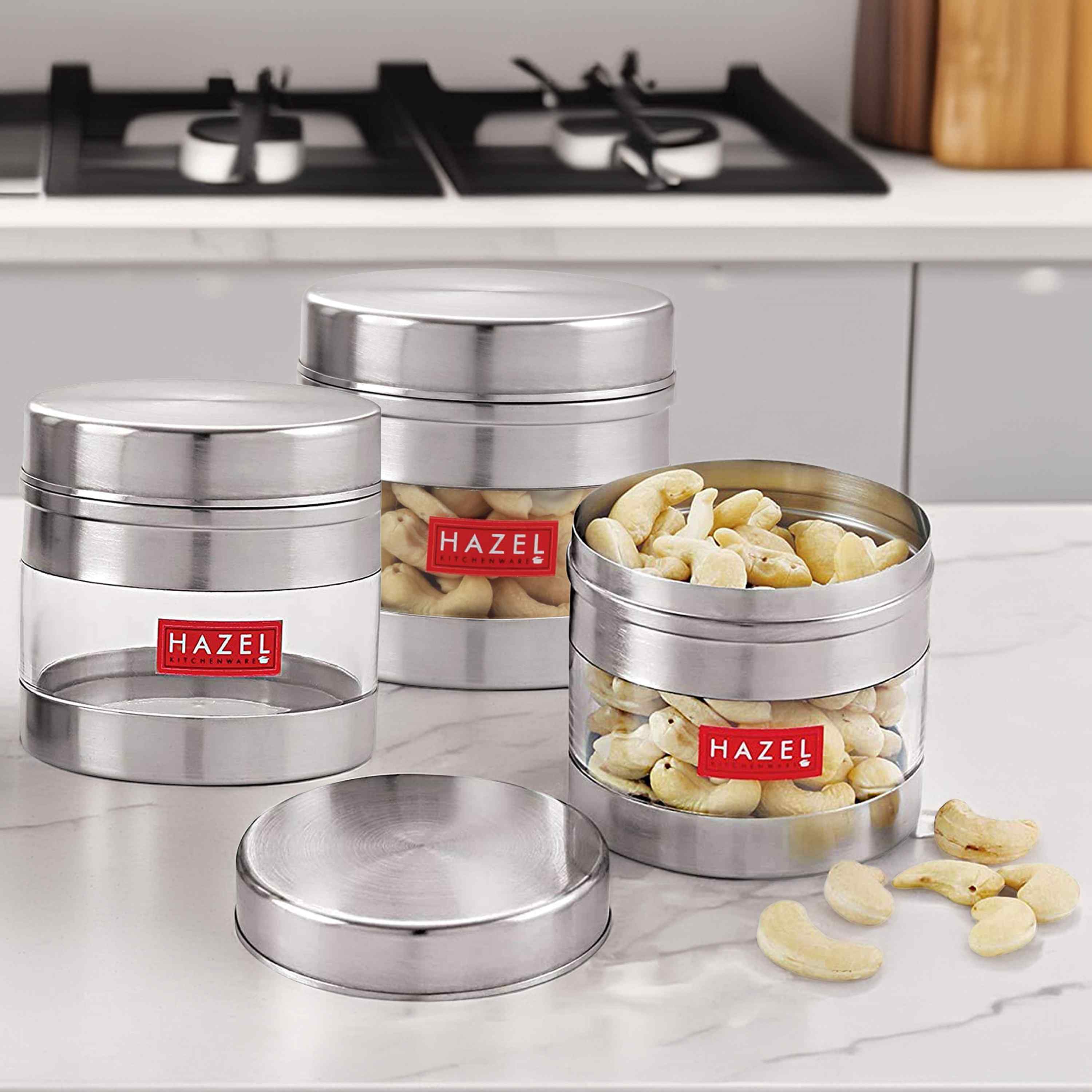 HAZEL Stainless Steel Transparent See Through Container Set of 3, Silver, 350 ML Each