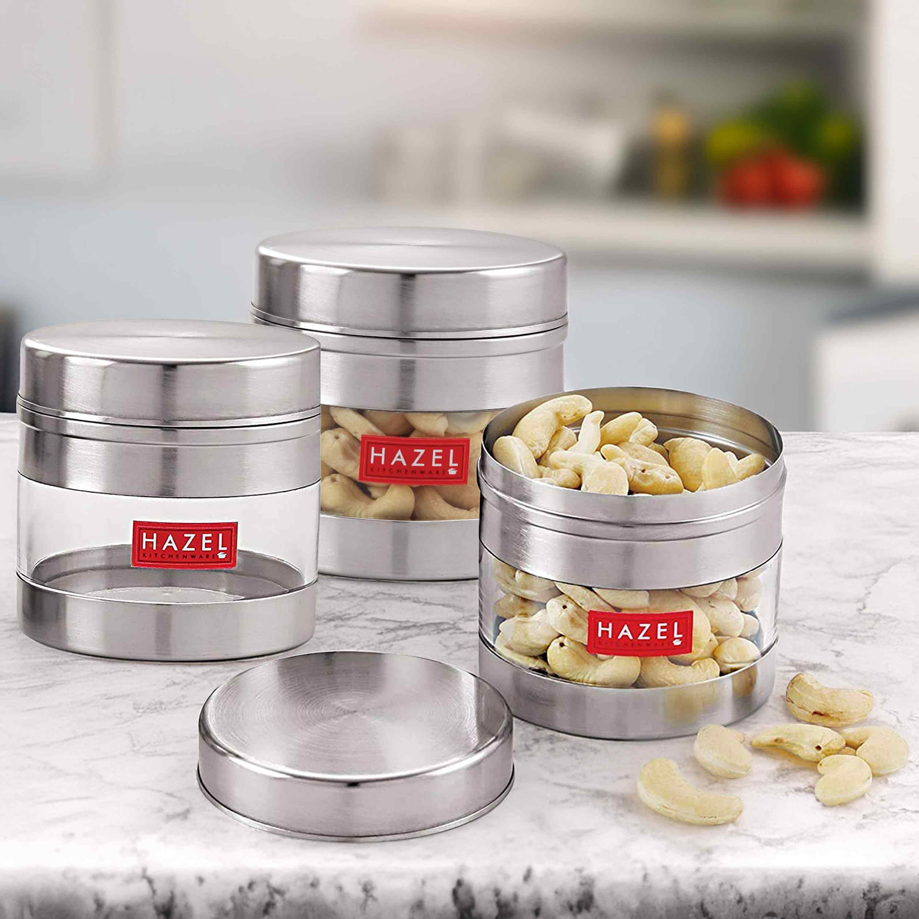 HAZEL Stainless Steel Transparent See Through Container Set of 3, Silver, 350 ML Each