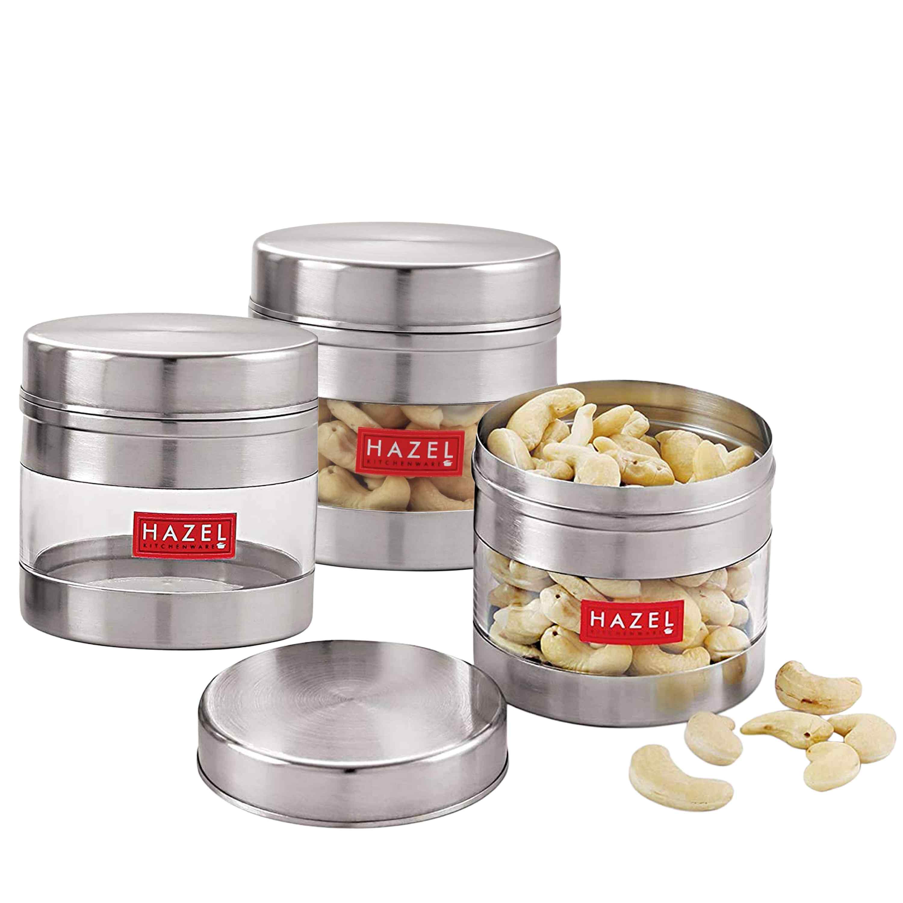 HAZEL Stainless Steel Transparent See Through Container Set of 3, Silver, 350 ML Each