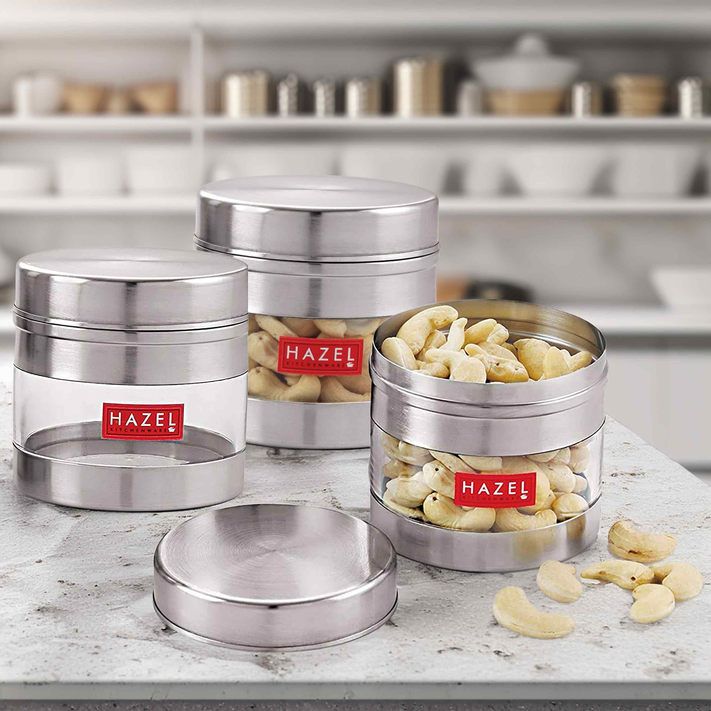 HAZEL Stainless Steel Transparent See Through Container Set of 3, Silver, 350 ML Each