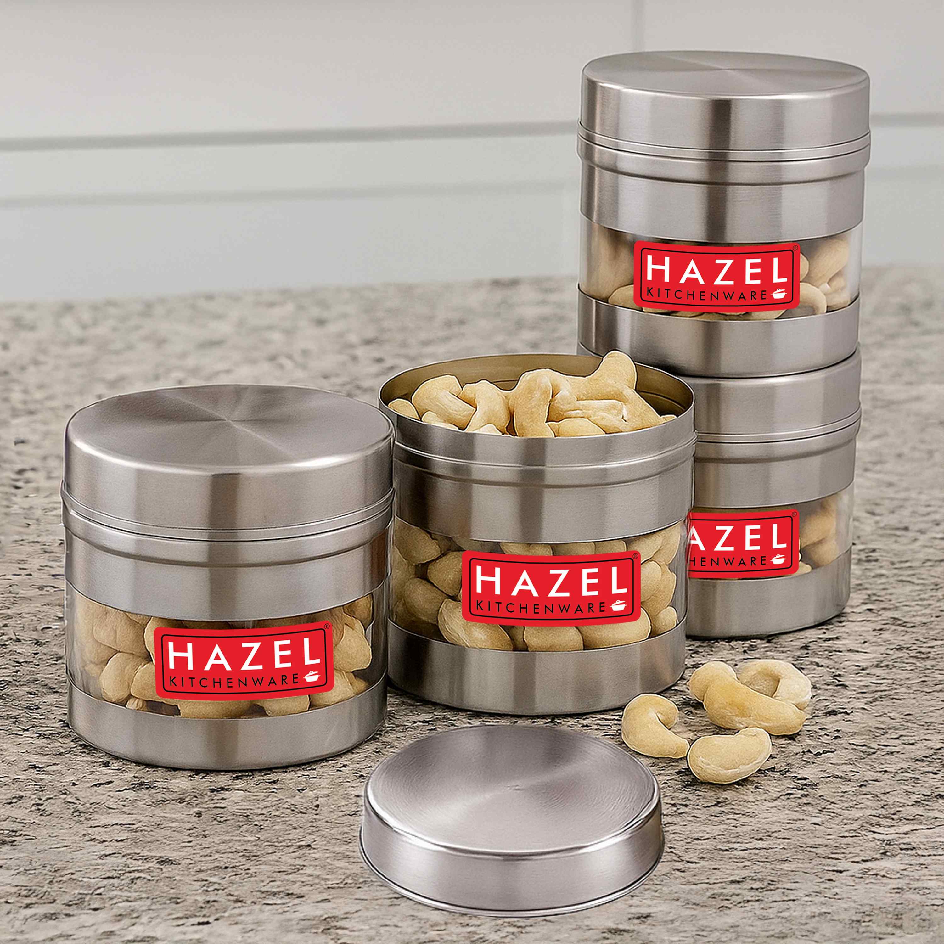 HAZEL Stainless Steel Transparent See Through Container Set of 4, Silver, 350 ML Each