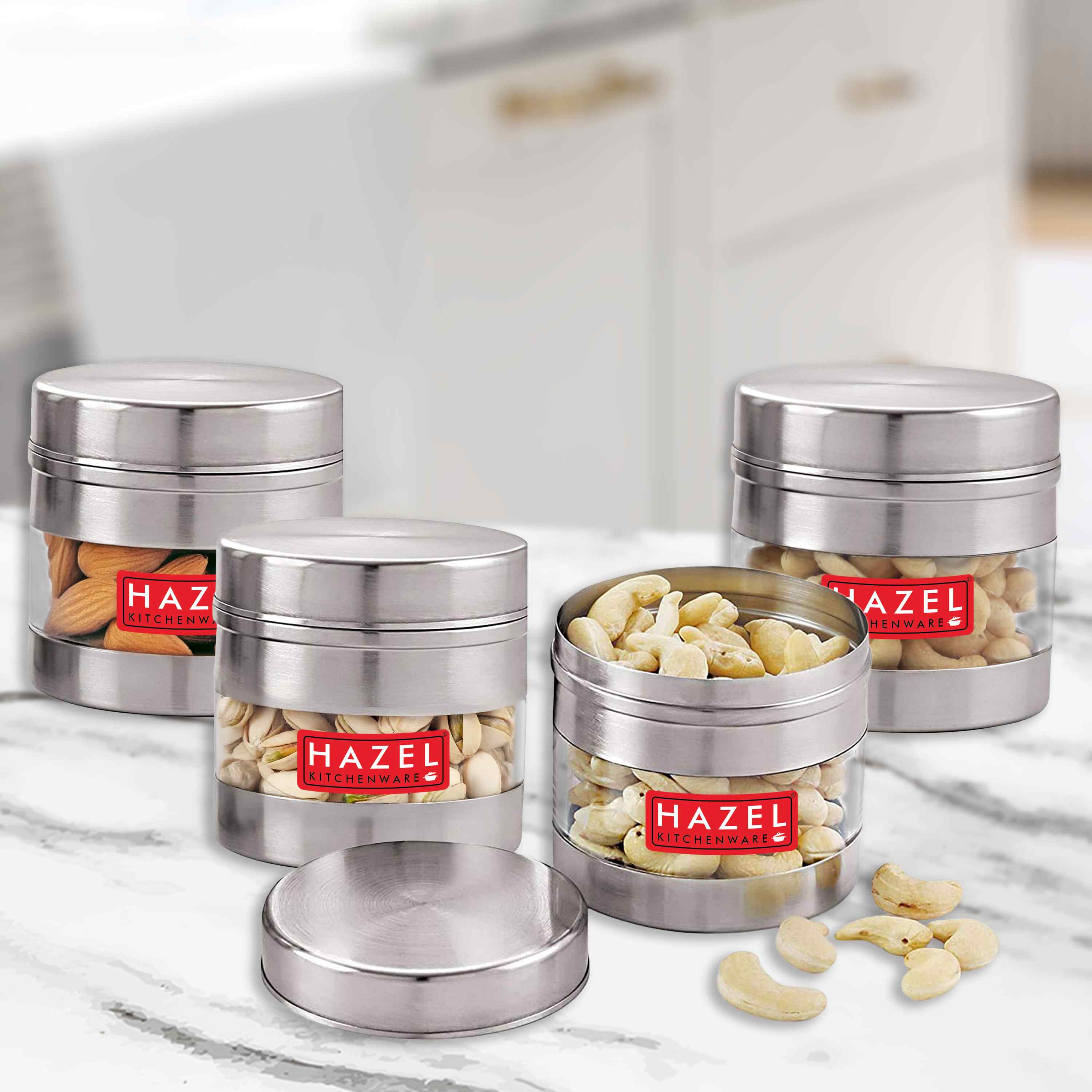 HAZEL Stainless Steel Transparent See Through Container Set of 4, Silver, 350 ML Each