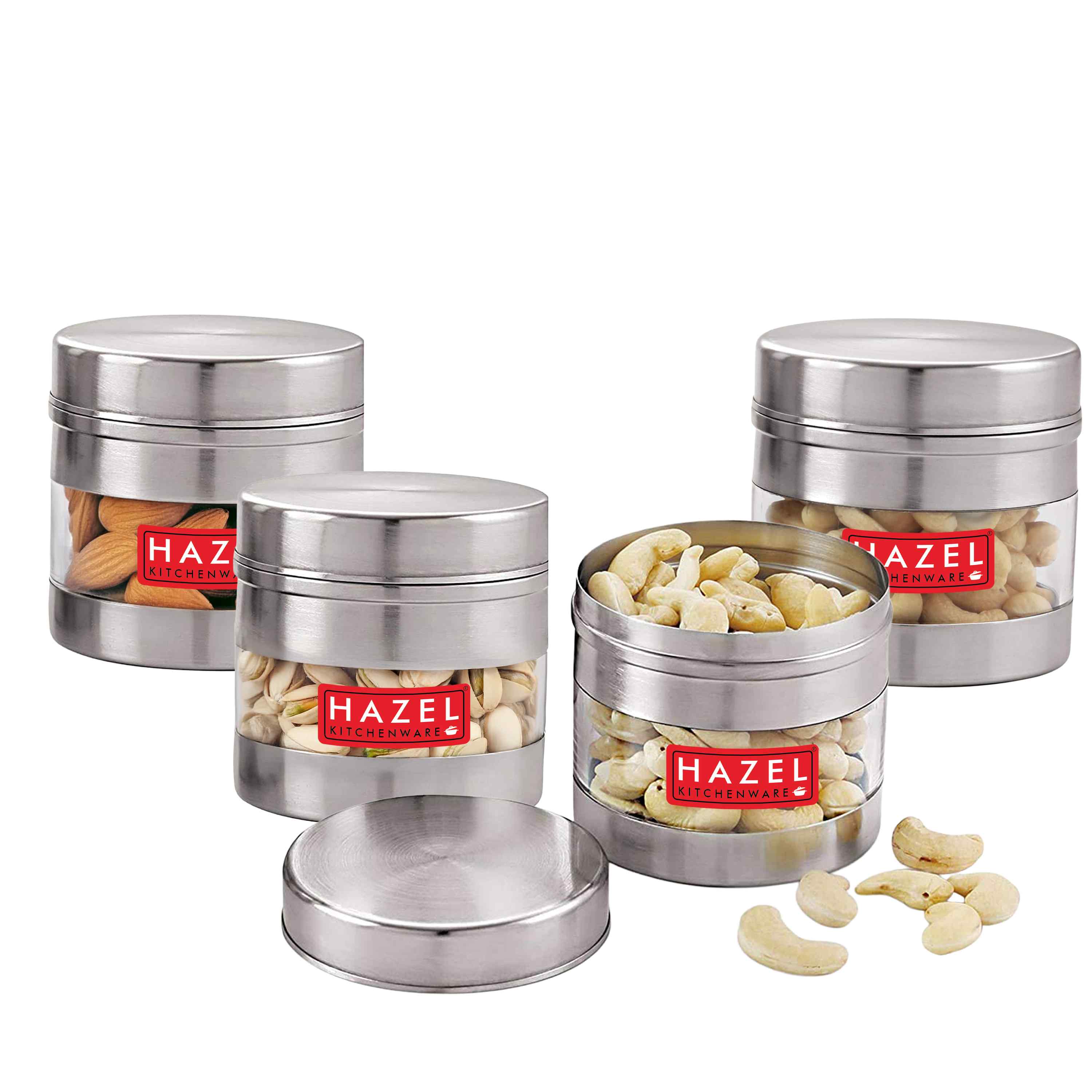 HAZEL Stainless Steel Transparent See Through Container Set of 4, Silver, 350 ML Each