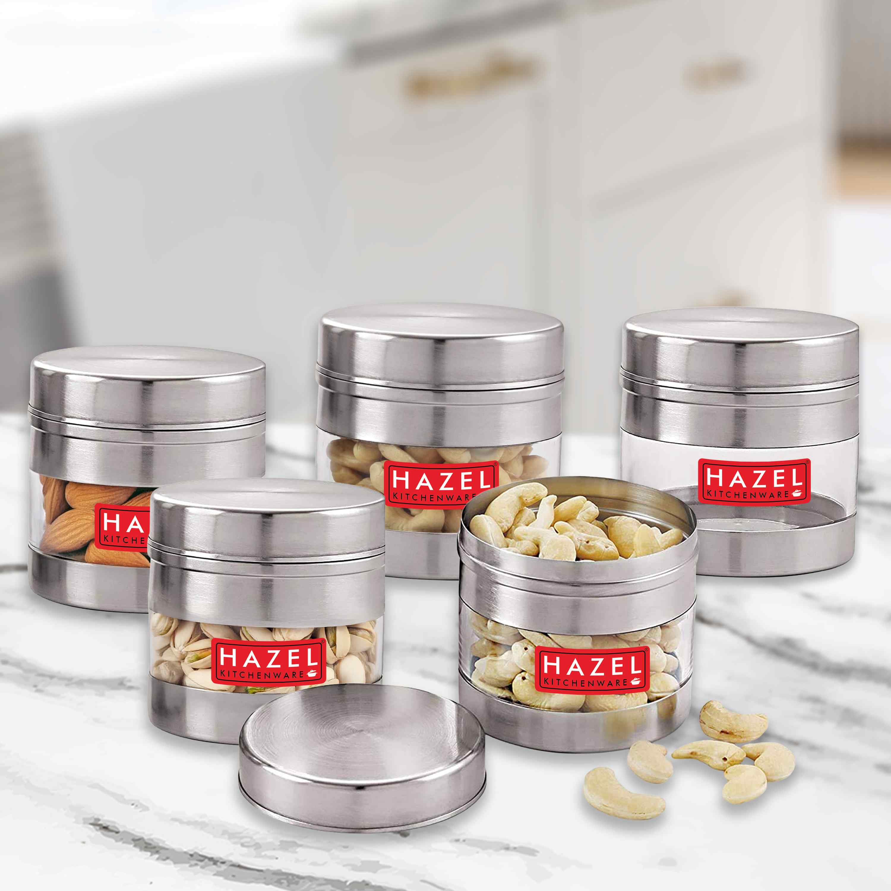 HAZEL Stainless Steel Transparent See Through Container Set of 5, Silver, 350 ML Each