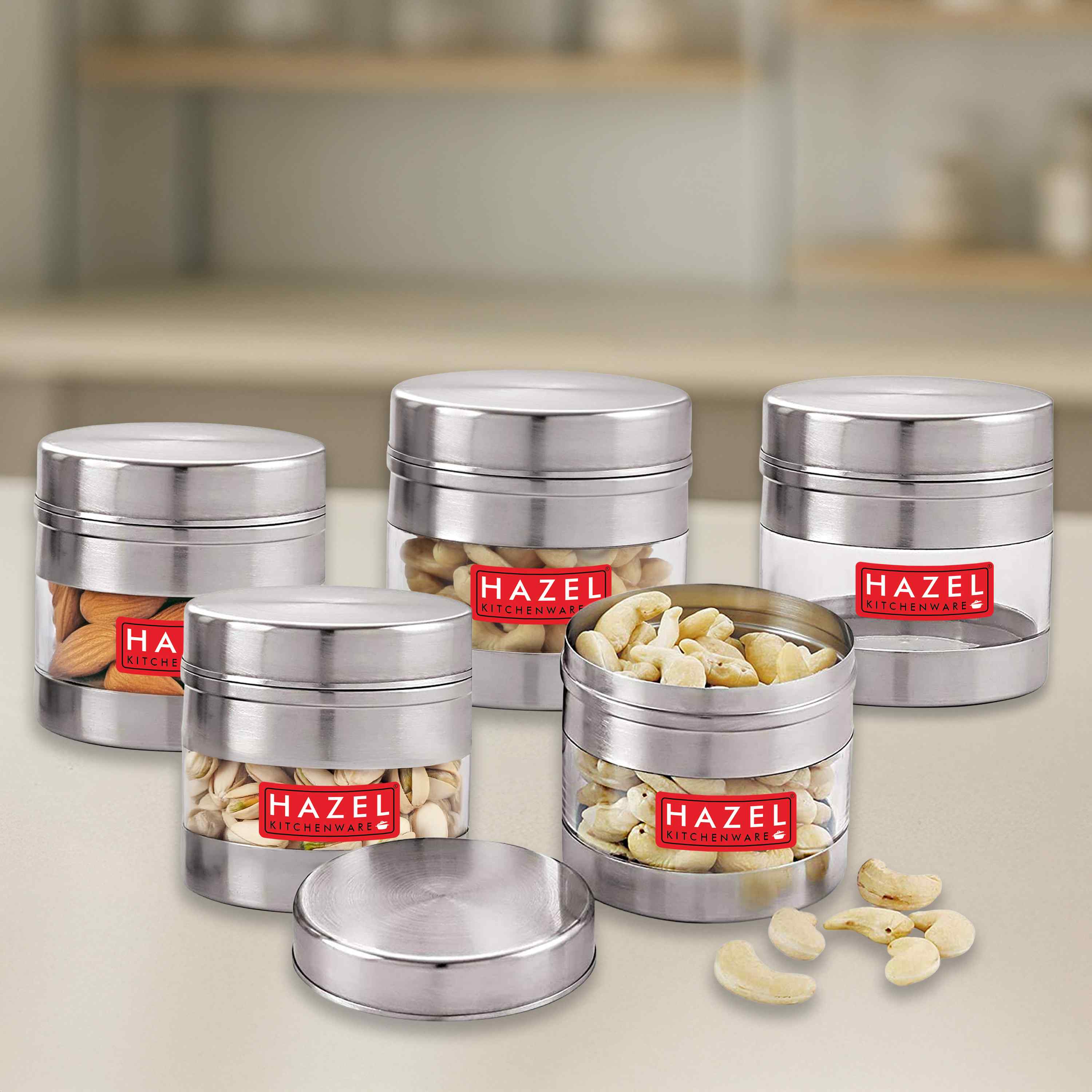 HAZEL Stainless Steel Transparent See Through Container Set of 5, Silver, 350 ML Each