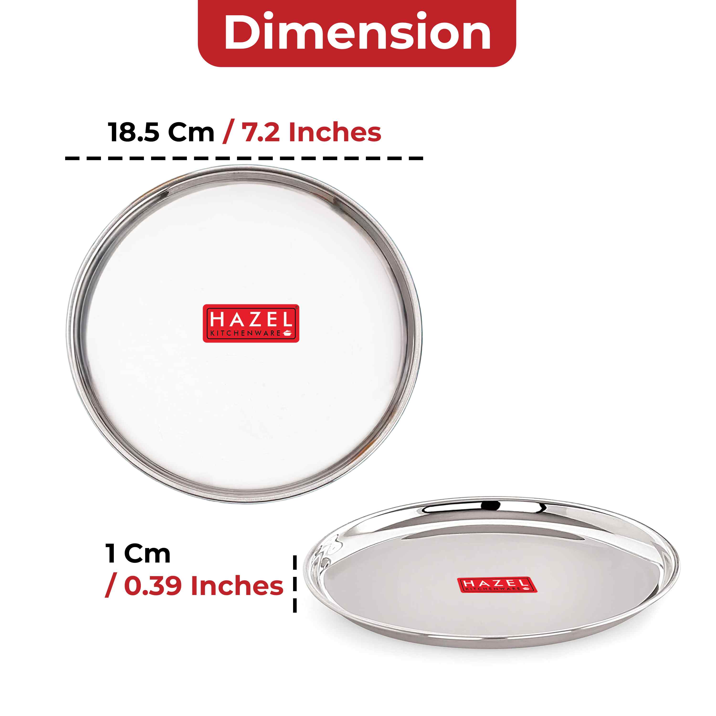 HAZEL Stainless Steel Thali Plates With Mirror Finish | Serveware Tableware Snacks Plates Set for Kitchen Storage Friendly | Steel Kids plate with Glossy finish | Serving Plate Set of 2, 18.5 cm