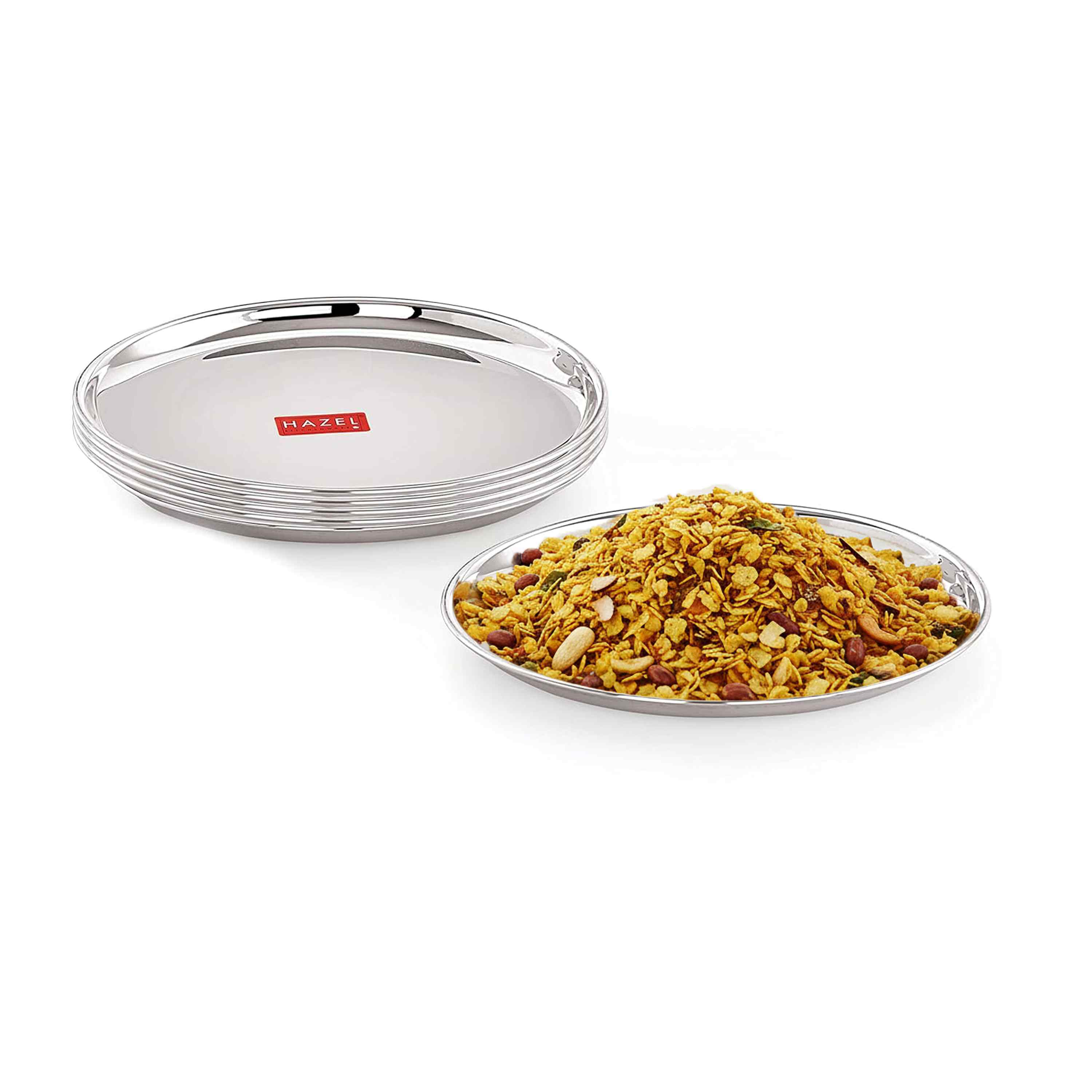 HAZEL Stainless Steel Serving Plate with Glossy Finish | Thali plates For Kitchen | Serveware Snacks Plates for Kids | Breakfast Plates Set of 6, 21 cm