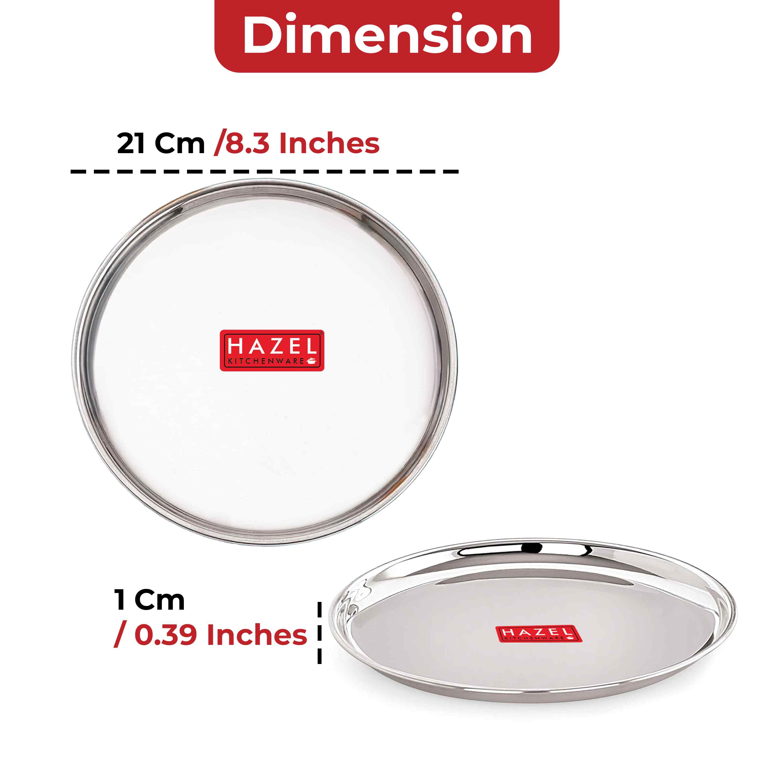 HAZEL Stainless Steel Serving Plate with Glossy Finish | Thali plates For Kitchen | Serveware Snacks Plates for Kids | Breakfast Plates Set of 6, 21 cm