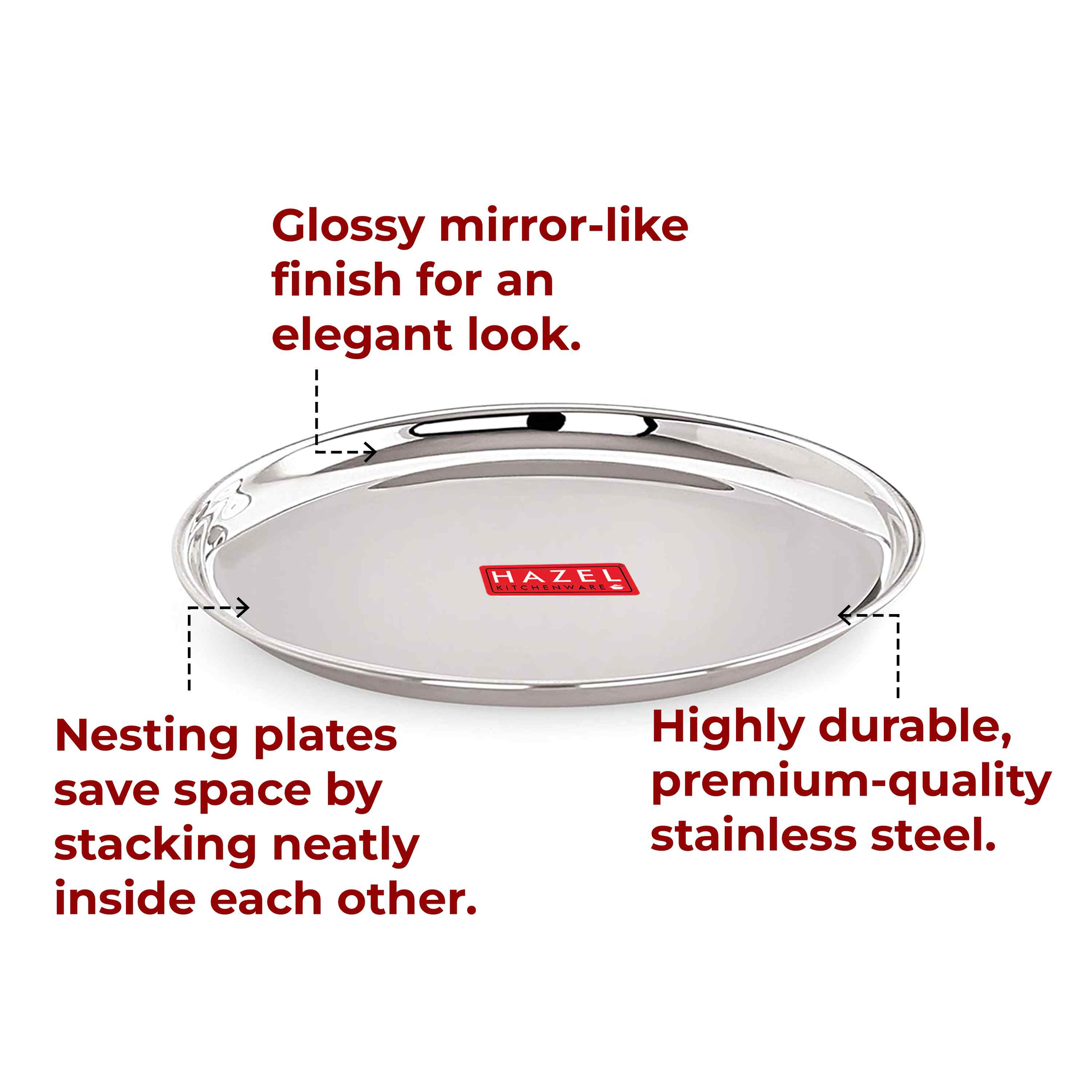HAZEL Stainless Steel Serving Plate with Glossy Finish | Thali plates For Kitchen | Serveware Snacks Plates for Kids | Breakfast Plates Set of 6, 21 cm