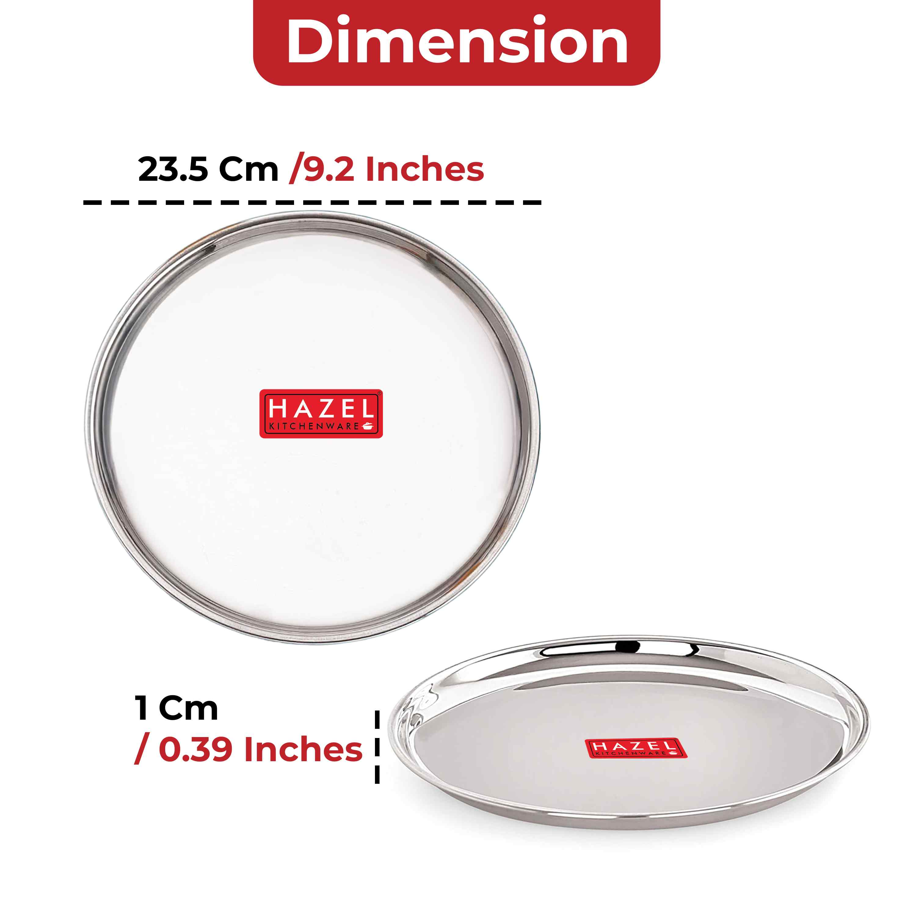 HAZEL Stainless Steel Breakfast Plate with Glossy Finish | Quarter Plates for Kids Serveware Tableware | Thali plates For Kitchen | Serving Plates Set of 6, 23.5 cm