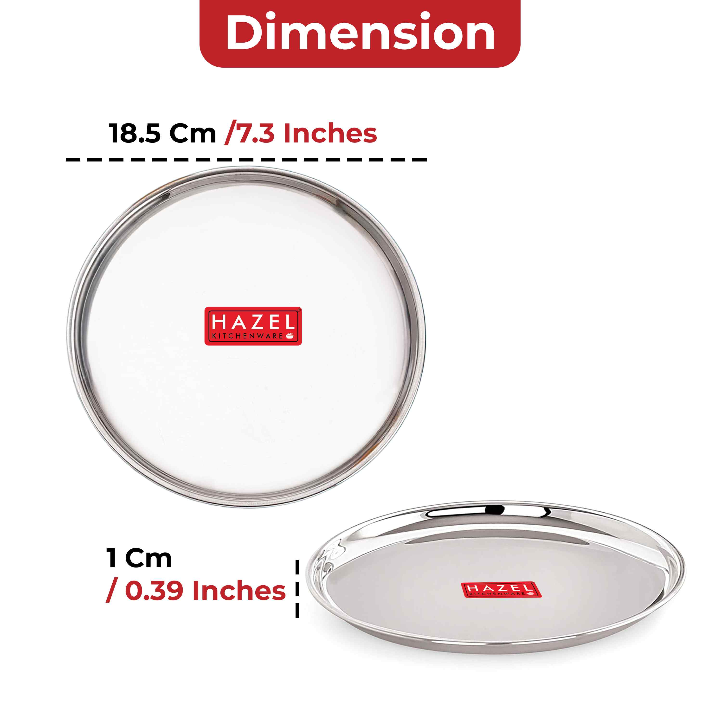 HAZEL Stainless Steel Thali Plates With Mirror Finish | Serveware Tableware Snacks Plates Set for Kitchen Storage Friendly | Steel Kids plate with Glossy finish | Serving Plate Set of 1, 18.5 cm