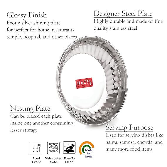 HAZEL Stainless Steel Serving Sweet Dish Dessert Plate, Set of 12, 200 ML Each, Silver