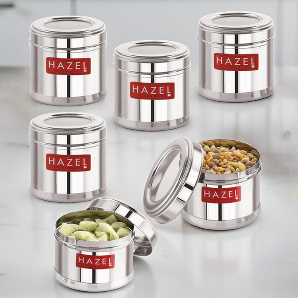 HAZEL Stainless Steel Containers for Kitchen | Top See Through Stainless Steel Airtight Masala Box for Kitchen Storage with Airtight Lid, 750 ML, Set of 6
