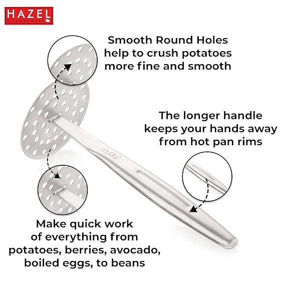 HAZEL Steel Vegetable and Pav Bhaji Smasher Masher 22.5 cm X 9.5 cm, Silver