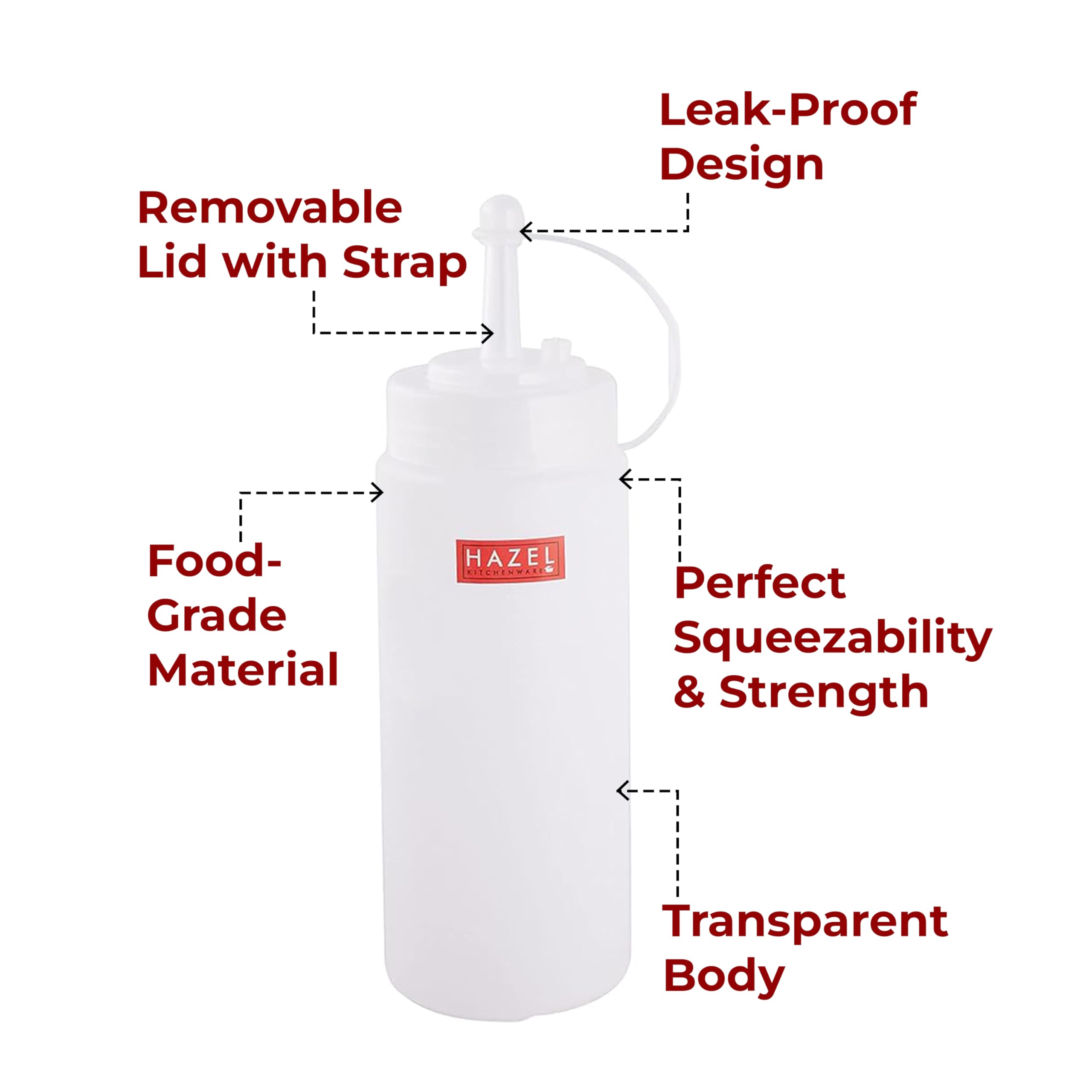 HAZEL Squeeze Bottle With Cap |Sauce Bottle Plastic Food Grade | Tomato Sauce Bottle For Restaurants, Cafeterias, Food Trucks, Picnics, 720 ML, Transparent