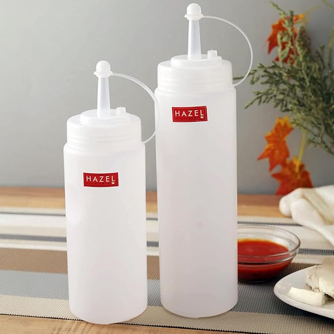 HAZEL Squeeze Bottle With Cap |Sauce Bottle Plastic Food Grade | Tomato Sauce Bottle For Restaurants, Cafeterias, Food Trucks, Picnics, Set of 2, 500 ML, 720 ML, Transparent