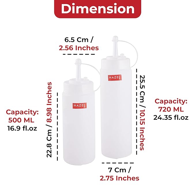 HAZEL Squeeze Bottle With Cap |Sauce Bottle Plastic Food Grade | Tomato Sauce Bottle For Restaurants, Cafeterias, Food Trucks, Picnics, Set of 2, 500 ML, 720 ML, Transparent