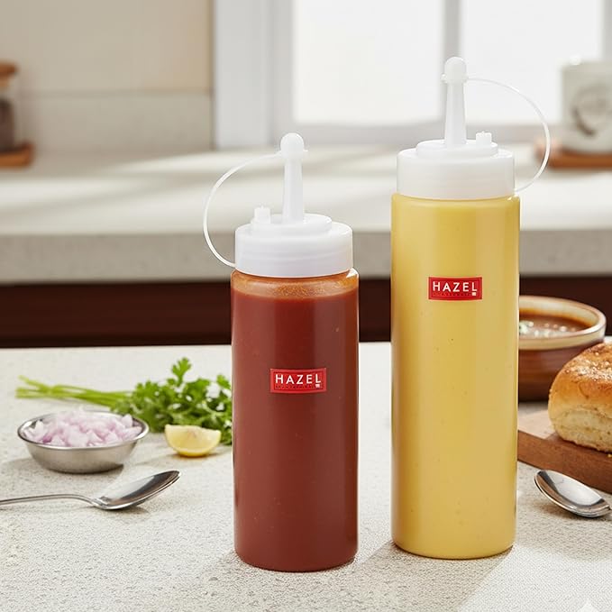 HAZEL Squeeze Bottle With Cap |Sauce Bottle Plastic Food Grade | Tomato Sauce Bottle For Restaurants, Cafeterias, Food Trucks, Picnics, Set of 2, 500 ML, 720 ML, Transparent