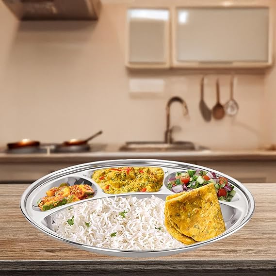 HAZEL Stainless Steel Round Plate Thali With 4 Compartment Mess Plate Lunch Dish, Medium, 1 Pc