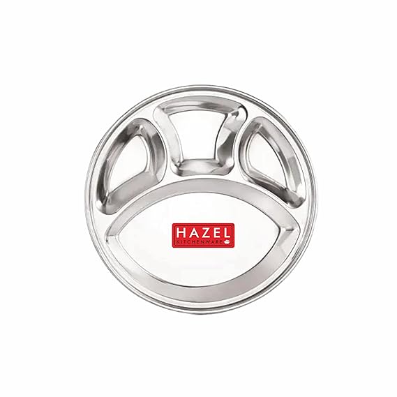 HAZEL Stainless Steel Round Plate Thali With 4 Compartment Mess Plate Lunch Dish, Medium, 1 Pc