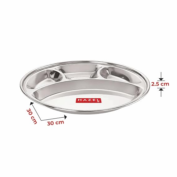 HAZEL Stainless Steel Round Plate Thali With 4 Compartment Mess Plate Lunch Dish, Medium, 1 Pc