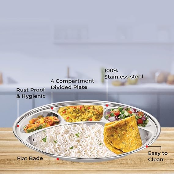 HAZEL Stainless Steel Round Plate Thali With 4 Compartment Mess Plate Lunch Dish, Medium, 1 Pc