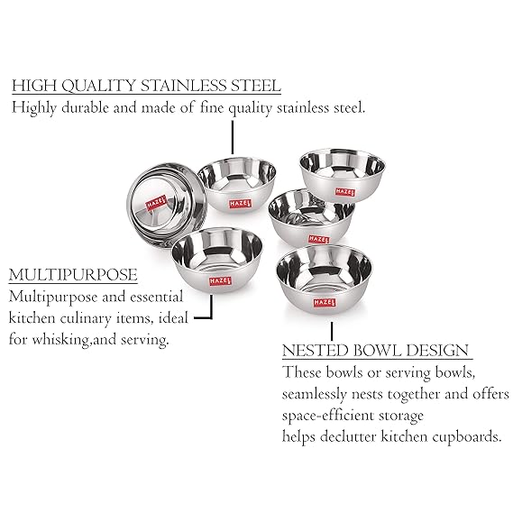 HAZEL Steel Vatti / Bowl - 6 Pcs Set - Large