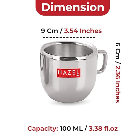 HAZEL Stainless Steel Green Tea Coffee Small Cute Cup, Set of 6, 100 ml (Each)