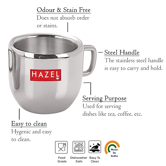 HAZEL Stainless Steel Green Tea Coffee Small Cute Cup, Set of 2, 100 ml (Each)