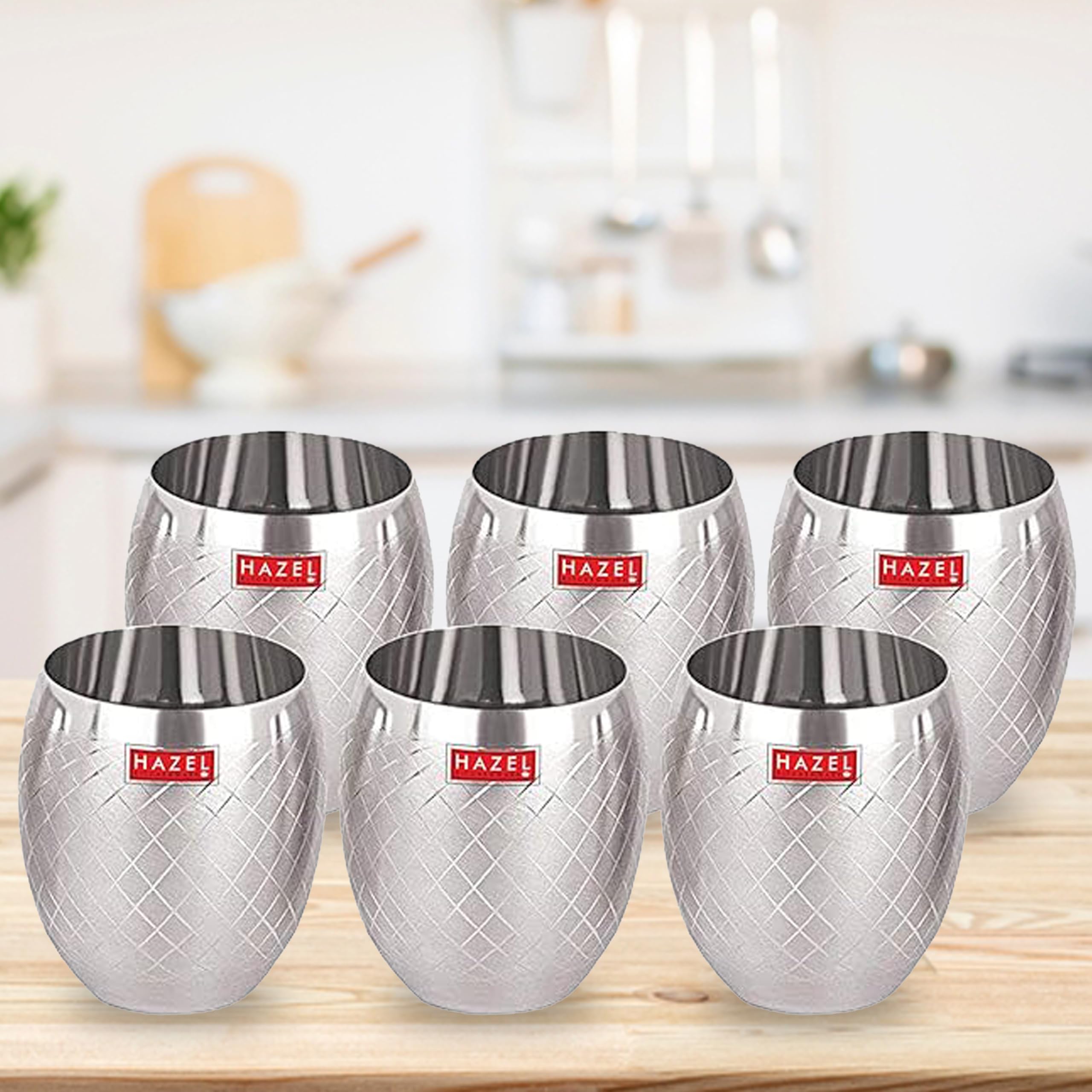 HAZEL Matt Finish Designer Stainless Steel Drinking Glasses 260 ml Set of 6 Pcs, Silver