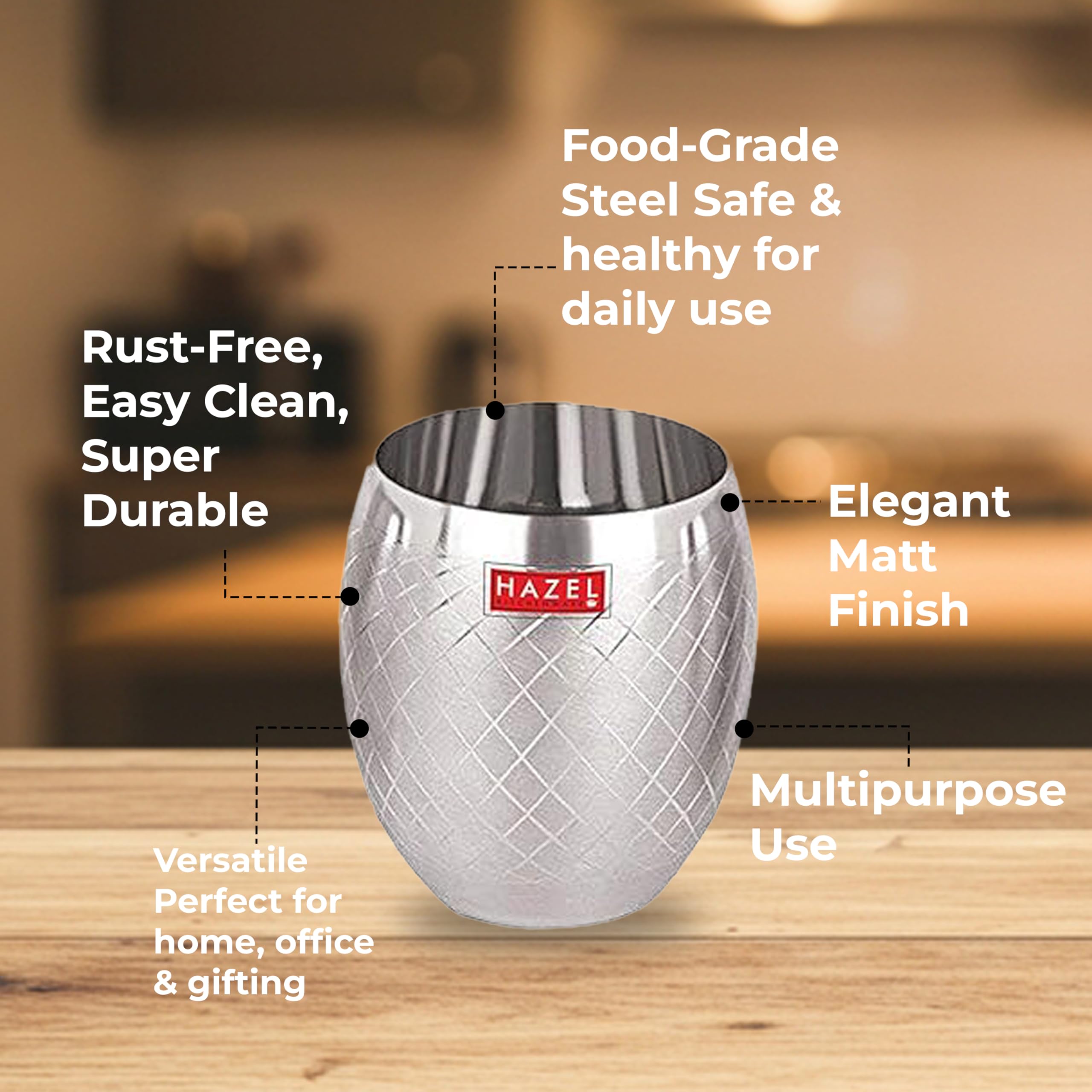 HAZEL Matt Finish Designer Stainless Steel Drinking Glasses 260 ml Set of 3 Pcs, Silver