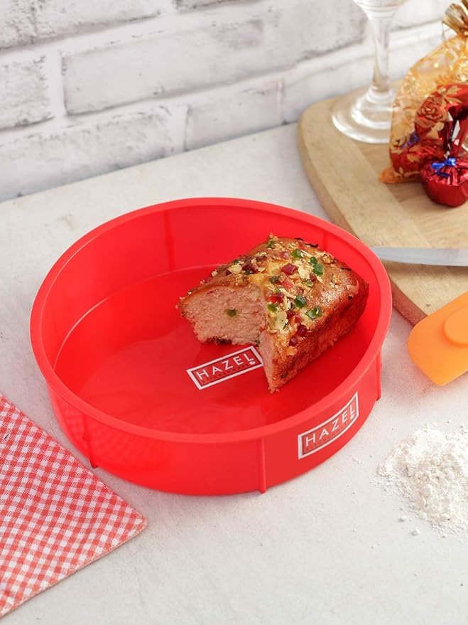 HAZEL Small Silicon Square and Round Shape Cake Mould for Half Kg, 2 Pcs, Red