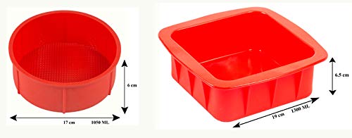 HAZEL Small Silicon Square and Round Shape Cake Mould for Half Kg, 2 Pcs, Red