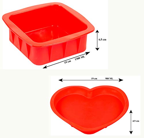 HAZEL Small Silicon Square and Heart Shape Cake Mould for Half Kg, 2 Pcs, Red